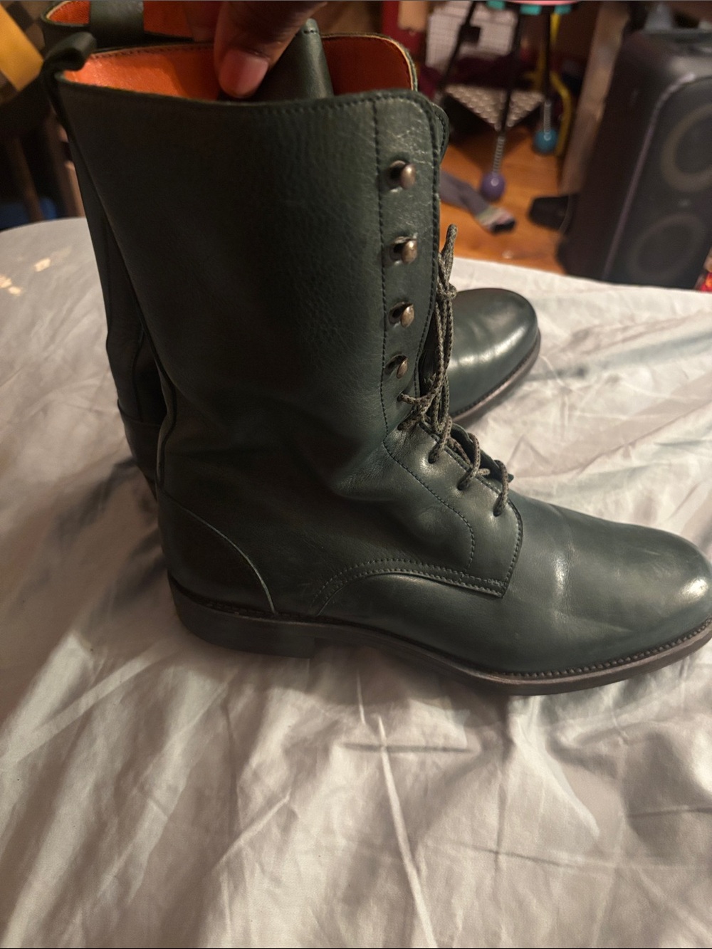 Men's Dark Green Lace-Up Leather Combat Boots